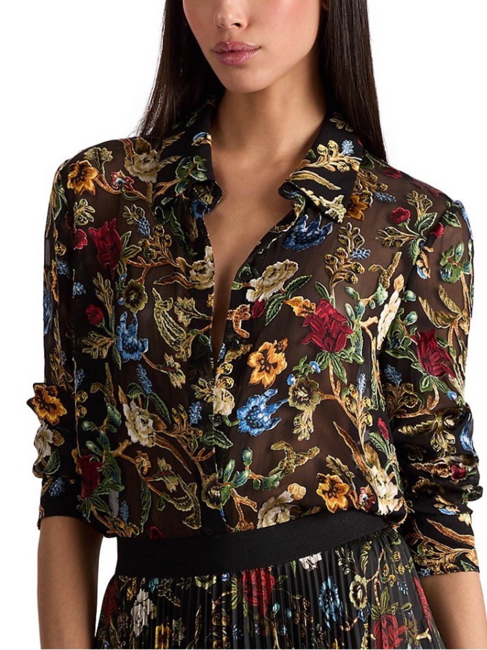 Alice + Olivia Willa Tapestry Trails Floral Burnout Blouse
